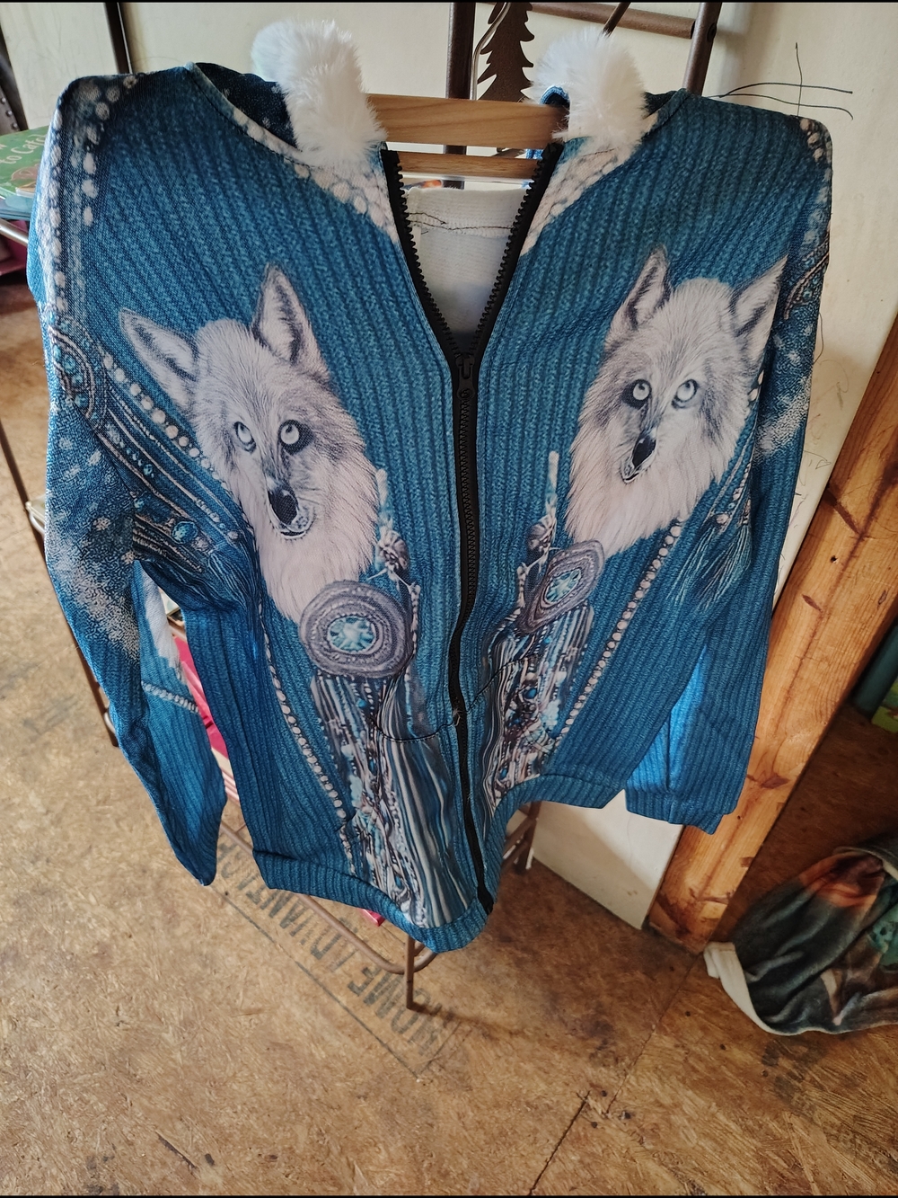Blue Wolf Print Zip-Up Hoodie with Faux Fur Trim